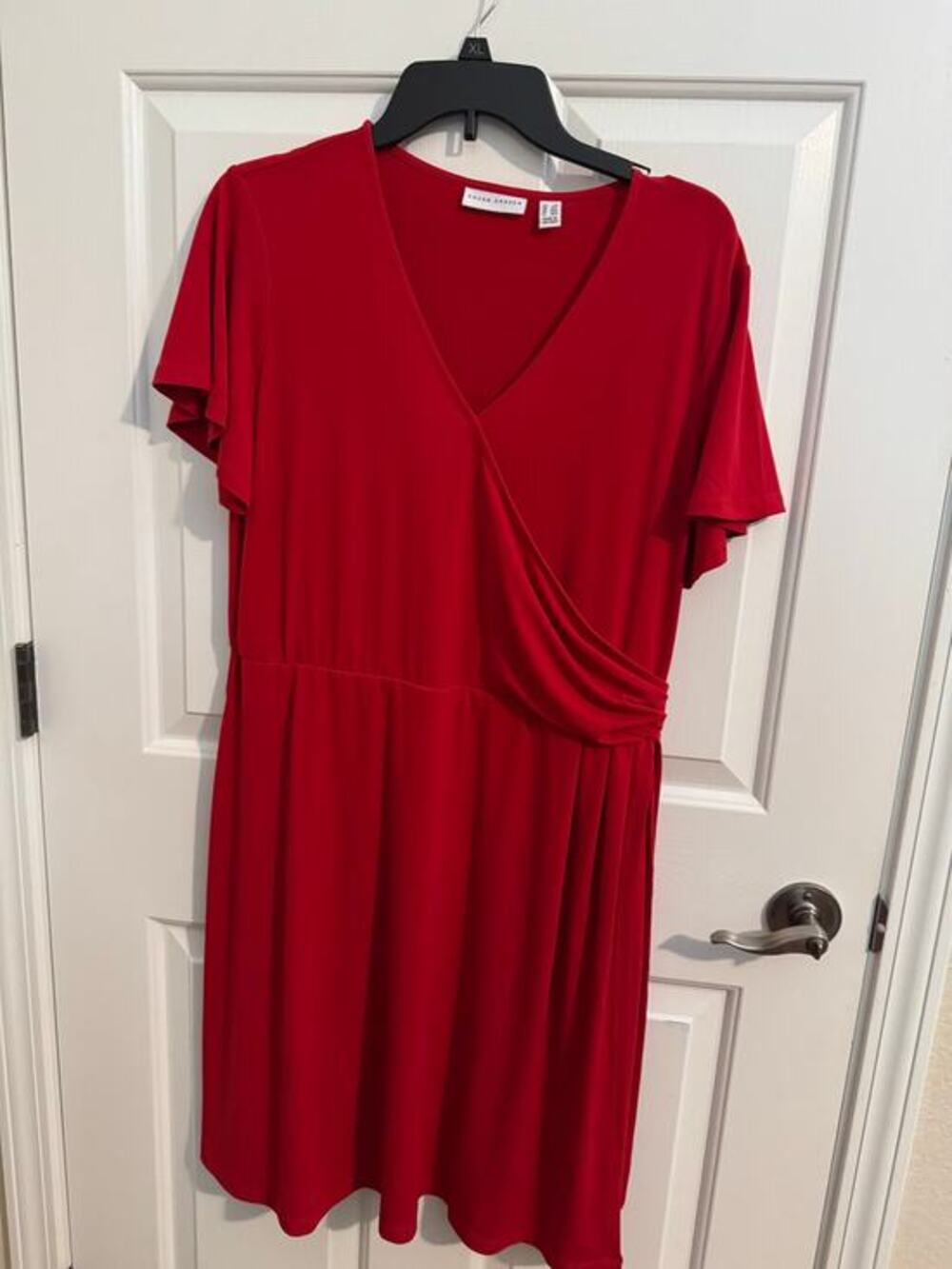 Susan Graver Liquid Knit Faux Wrap Dress Cap Sleeves V-neck Red Large Petite